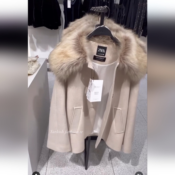 New Zara M L Manteco Wool Blend Coat Woman Beige Detachable Faux Fur Collar - Picture 2 of 6